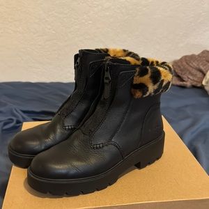 Women's Black Leather Boots with Leopard Print Trim